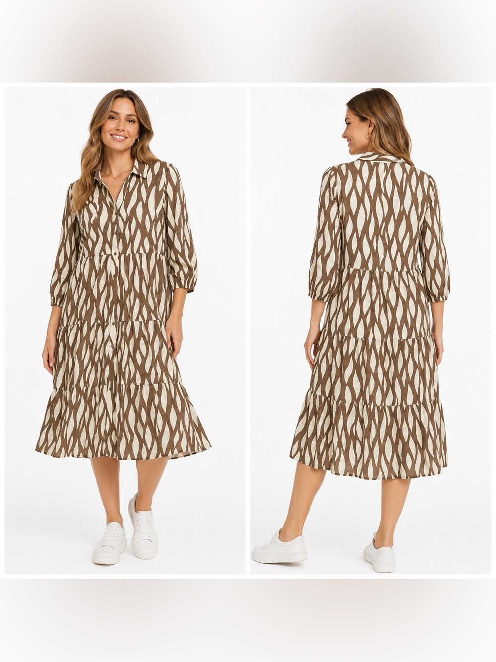 Mlle Gabrielle Abstract Print Tiered Dress Women’s Medium Button Front Brown